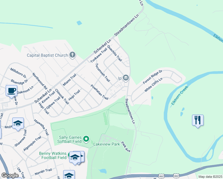 map of restaurants, bars, coffee shops, grocery stores, and more near 1305 Powhatan Trail in Frankfort