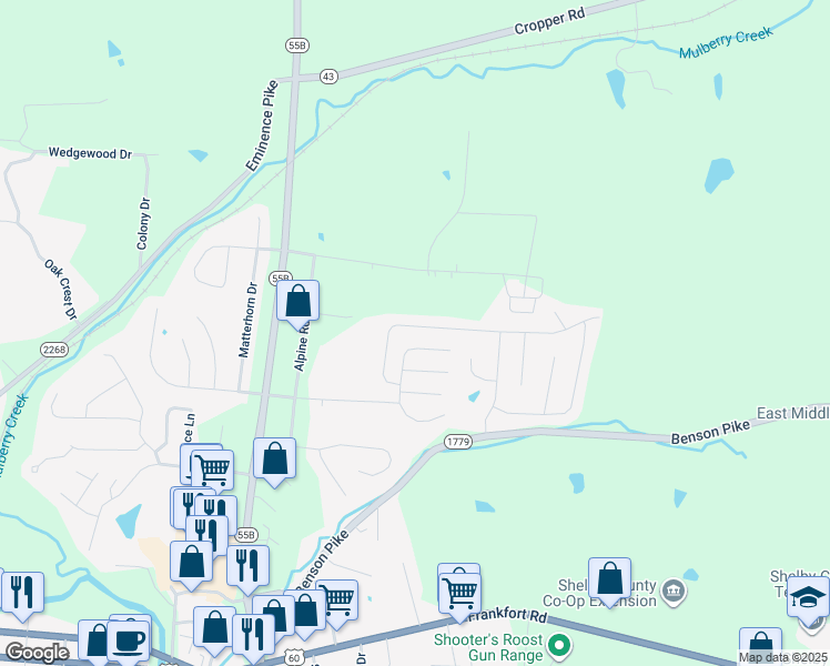 map of restaurants, bars, coffee shops, grocery stores, and more near 226 Rosewood Lane in Shelbyville