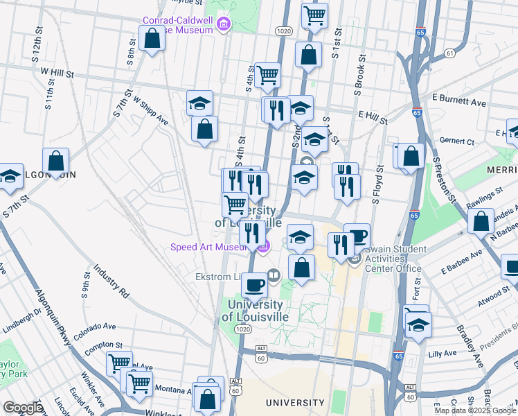 map of restaurants, bars, coffee shops, grocery stores, and more near 1911 South 3rd Street in Louisville