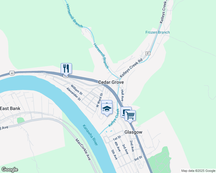 map of restaurants, bars, coffee shops, grocery stores, and more near U.S. 60 in Cedar Grove