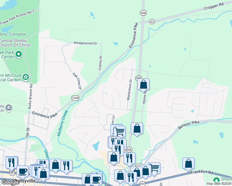 map of restaurants, bars, coffee shops, grocery stores, and more near 68 Nordic Court in Shelbyville