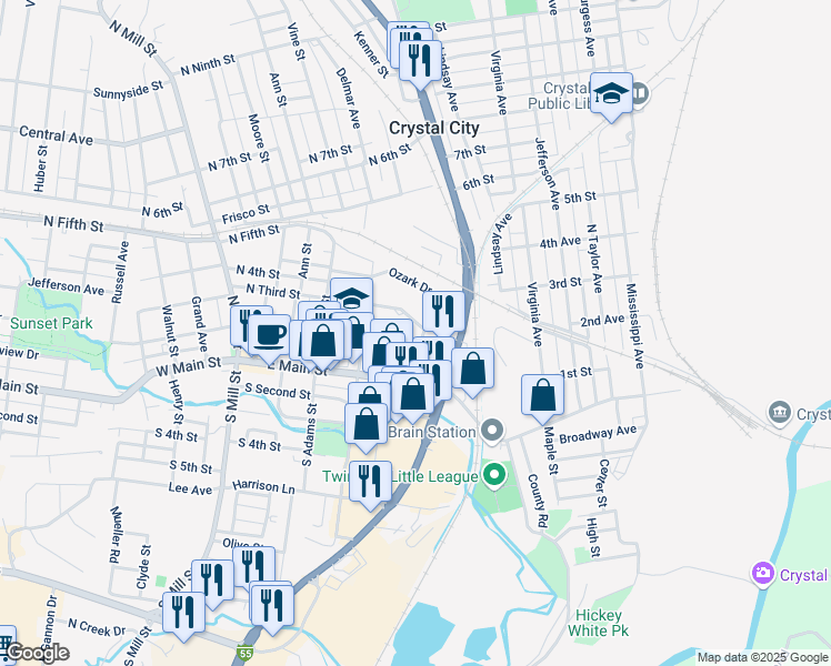 map of restaurants, bars, coffee shops, grocery stores, and more near 100 Ozark Drive in Crystal City