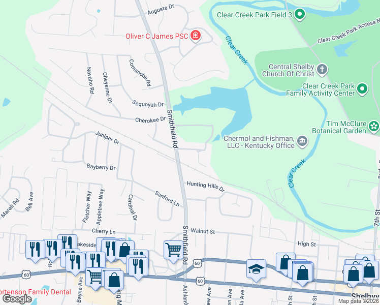 map of restaurants, bars, coffee shops, grocery stores, and more near 67 Smithfield Road in Shelbyville