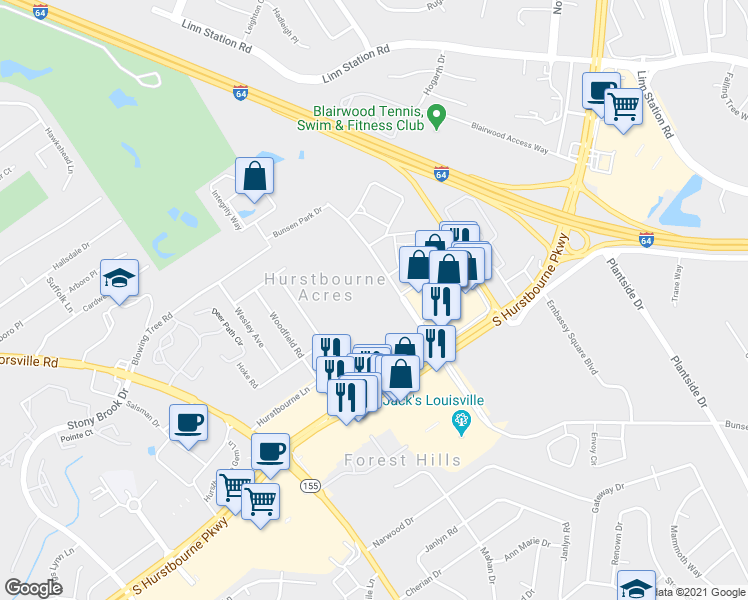 map of restaurants, bars, coffee shops, grocery stores, and more near 9420 Bunsen Parkway in Louisville