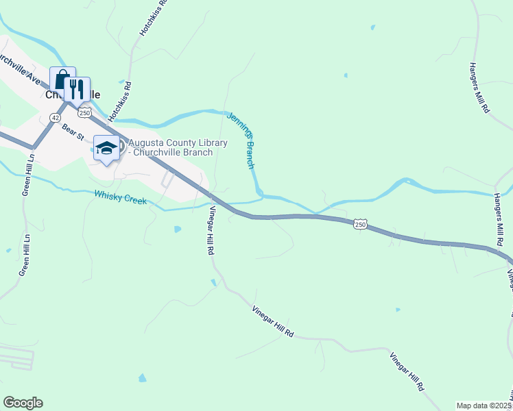 map of restaurants, bars, coffee shops, grocery stores, and more near 3497 Churchville Avenue in Staunton