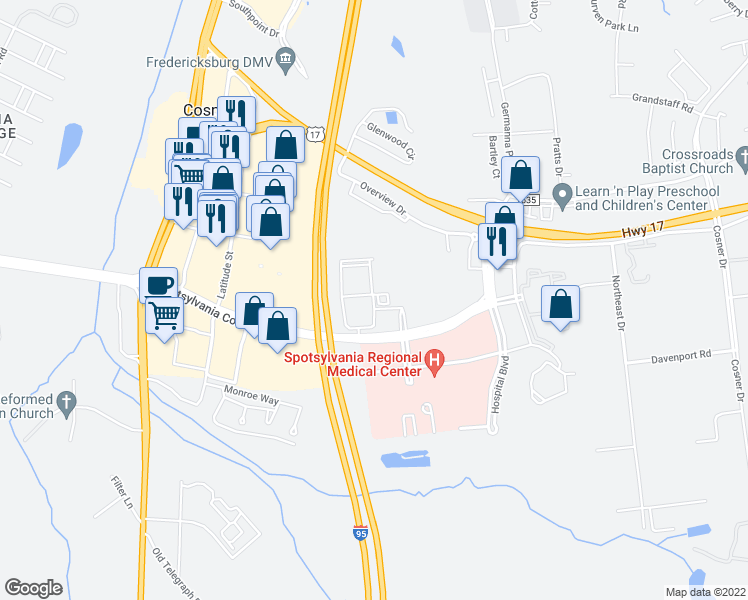 map of restaurants, bars, coffee shops, grocery stores, and more near Silver Collection Circle in Spotsylvania County
