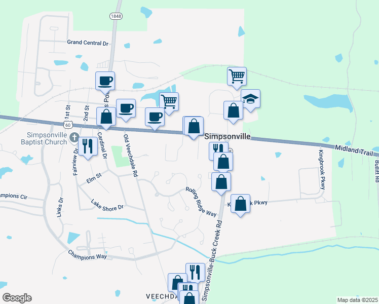 map of restaurants, bars, coffee shops, grocery stores, and more near 6910 Shelbyville Road in Simpsonville