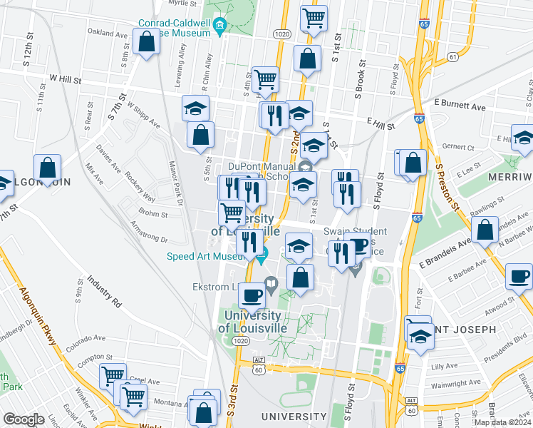 map of restaurants, bars, coffee shops, grocery stores, and more near 1800 South 3rd Street in Louisville