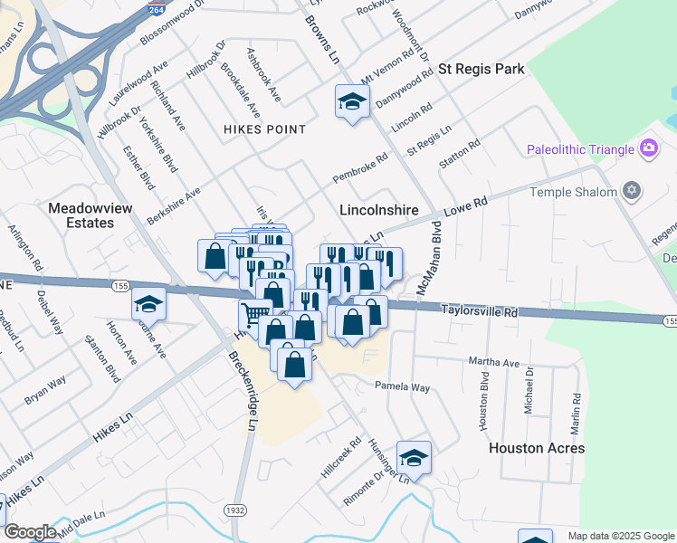 map of restaurants, bars, coffee shops, grocery stores, and more near 4121 Browns Lane in Louisville