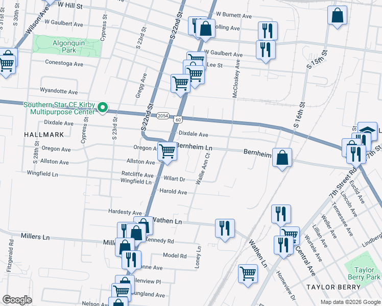 map of restaurants, bars, coffee shops, grocery stores, and more near 1783 Bernheim Lane in Louisville