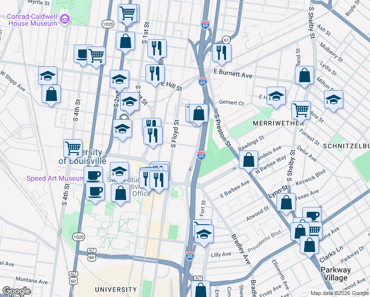 map of restaurants, bars, coffee shops, grocery stores, and more near 1711 S Floyd St in Louisville