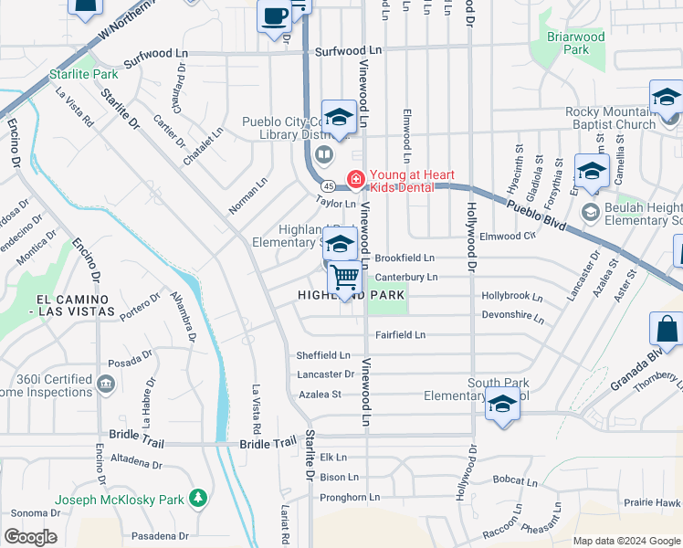 map of restaurants, bars, coffee shops, grocery stores, and more near 2701 Vinewood Lane in Pueblo