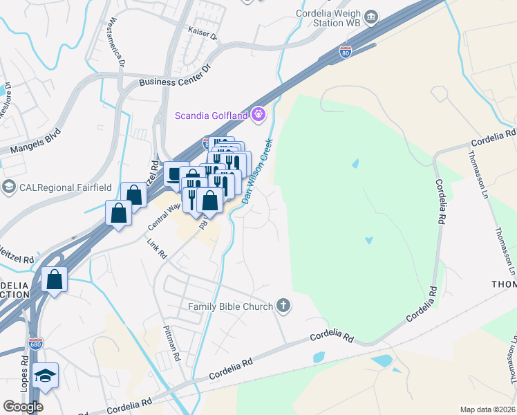 map of restaurants, bars, coffee shops, grocery stores, and more near 405 Dawson Creek Drive in Fairfield