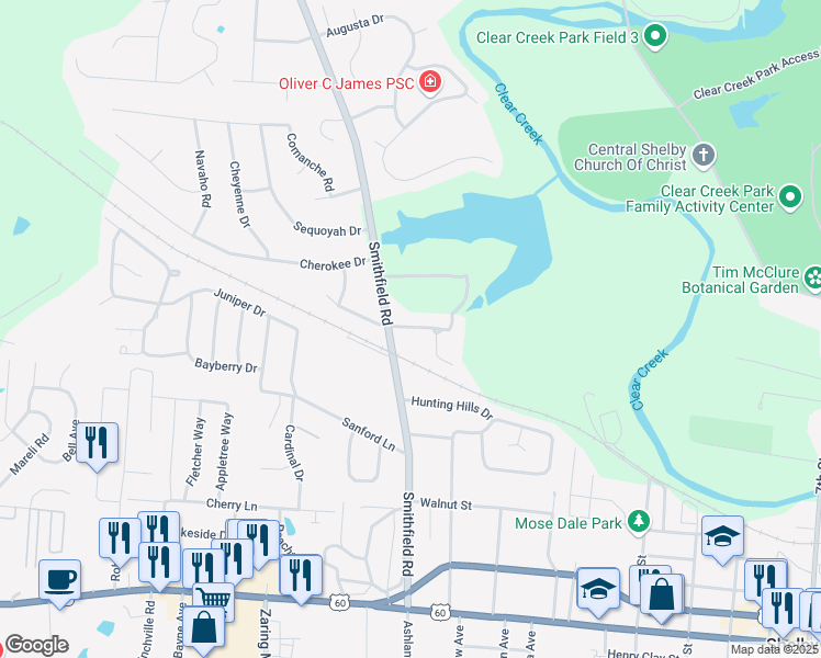 map of restaurants, bars, coffee shops, grocery stores, and more near 1210 Mary Ross Avenue in Shelbyville