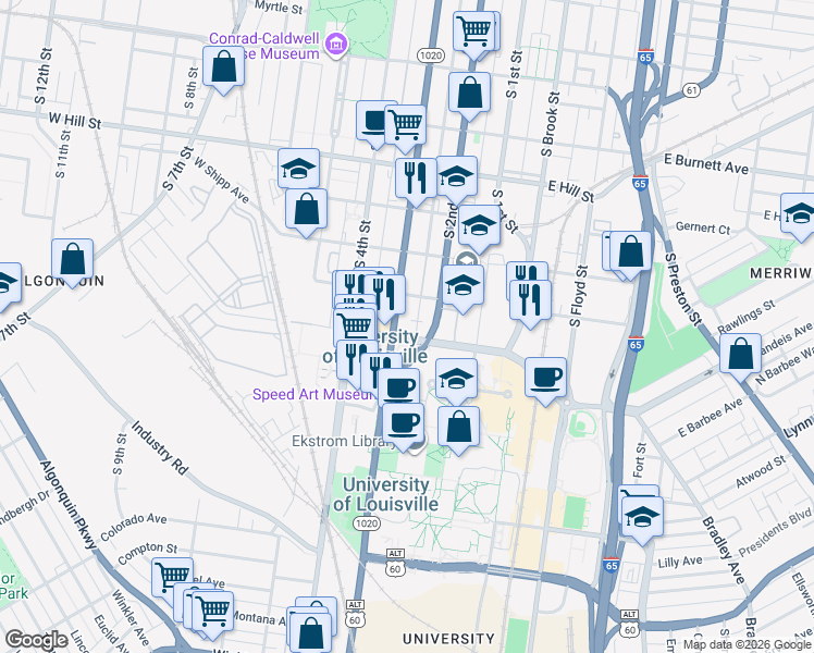 map of restaurants, bars, coffee shops, grocery stores, and more near 1800 South 3rd Street in Louisville
