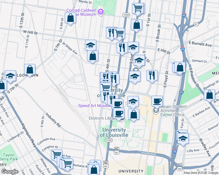 map of restaurants, bars, coffee shops, grocery stores, and more near 325 West Cardinal Boulevard in Louisville