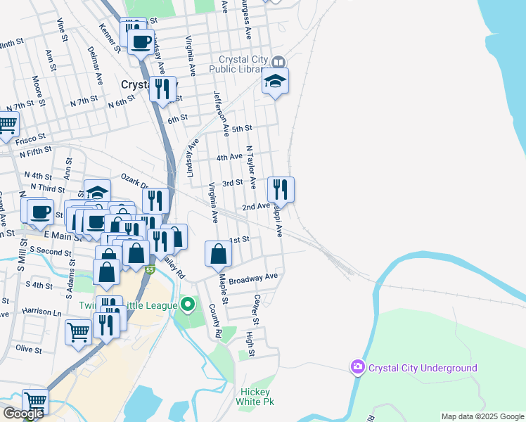 map of restaurants, bars, coffee shops, grocery stores, and more near 201 Mississippi Avenue in Crystal City