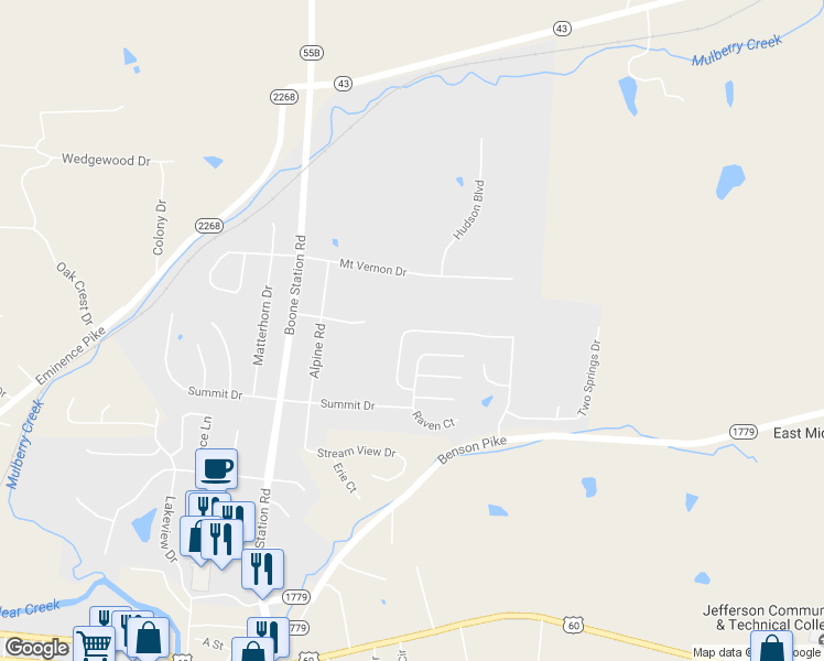map of restaurants, bars, coffee shops, grocery stores, and more near 541 Birchwood Circle in Shelbyville