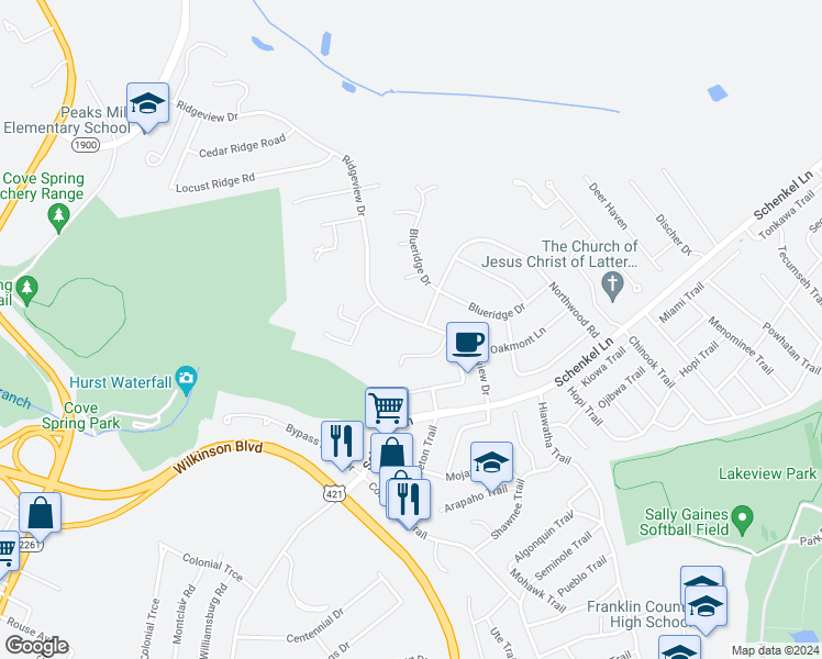 map of restaurants, bars, coffee shops, grocery stores, and more near 748 Ridgeview Drive in Frankfort