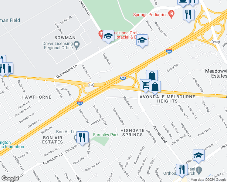 map of restaurants, bars, coffee shops, grocery stores, and more near 3546 Brockton Lane in Louisville