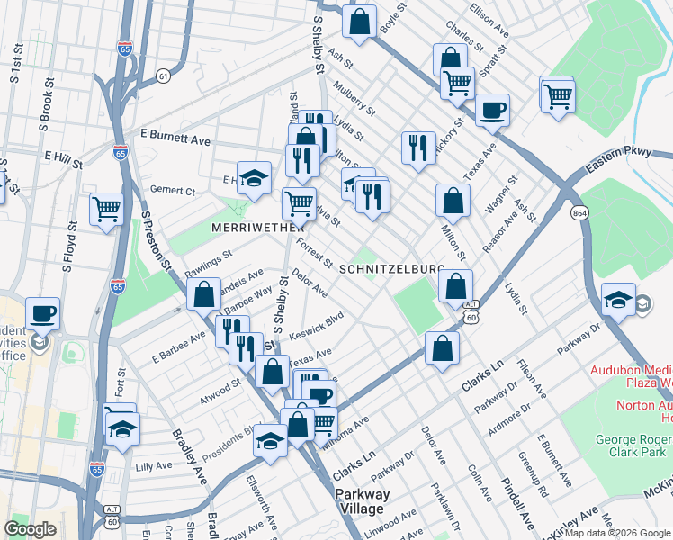 map of restaurants, bars, coffee shops, grocery stores, and more near Forrest Street in Louisville