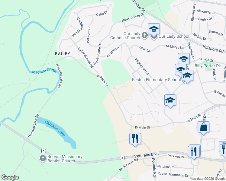 map of restaurants, bars, coffee shops, grocery stores, and more near 1799-1995 State Highway 21A in Festus