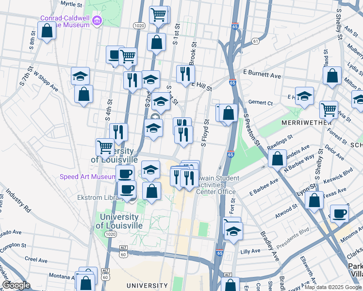 map of restaurants, bars, coffee shops, grocery stores, and more near 1805 South Brook Street in Louisville
