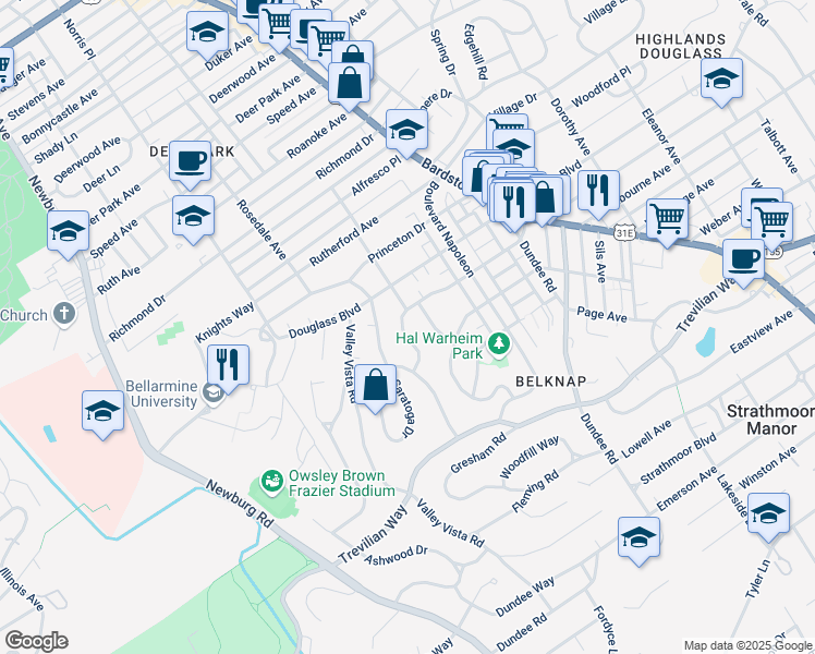 map of restaurants, bars, coffee shops, grocery stores, and more near 1740 Harvard Drive in Louisville