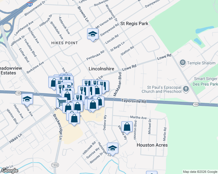 map of restaurants, bars, coffee shops, grocery stores, and more near 4218 Browns Lane in Louisville