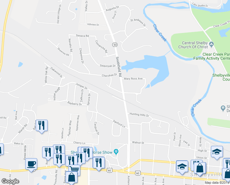 map of restaurants, bars, coffee shops, grocery stores, and more near 5 Seminole Drive in Shelbyville