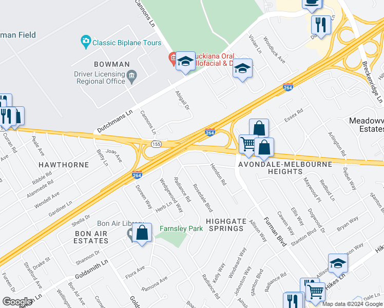 map of restaurants, bars, coffee shops, grocery stores, and more near 3544 Brockton Lane in Louisville