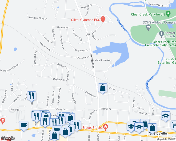 map of restaurants, bars, coffee shops, grocery stores, and more near 4 Seminole Drive in Shelbyville