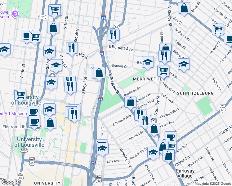 map of restaurants, bars, coffee shops, grocery stores, and more near 1808 South Preston Street in Louisville