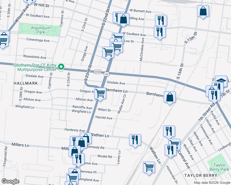 map of restaurants, bars, coffee shops, grocery stores, and more near 1783 Bernheim Lane in Louisville