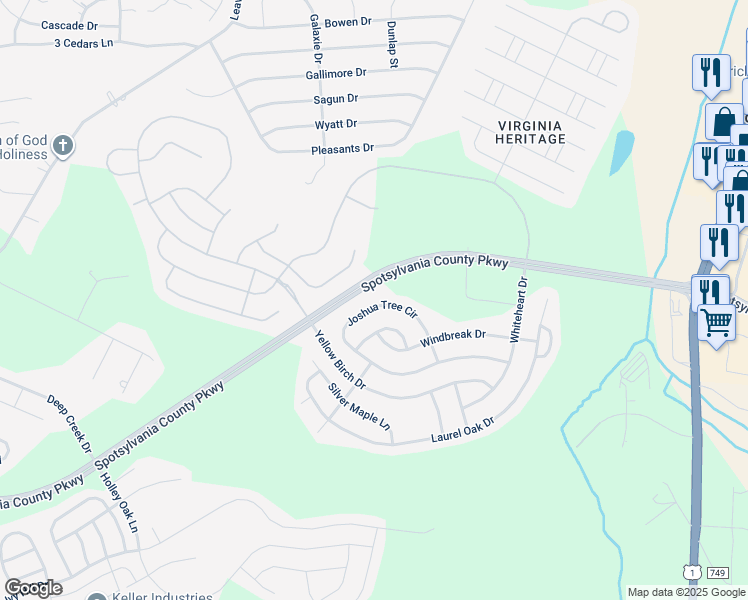 map of restaurants, bars, coffee shops, grocery stores, and more near 5514 Joshua Tree Circle in Fredericksburg