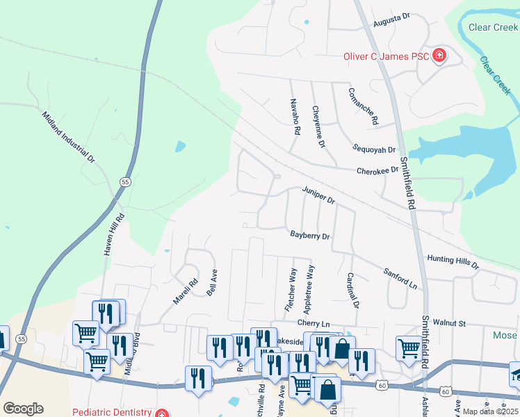 map of restaurants, bars, coffee shops, grocery stores, and more near 300 Indian Ridge in Shelbyville
