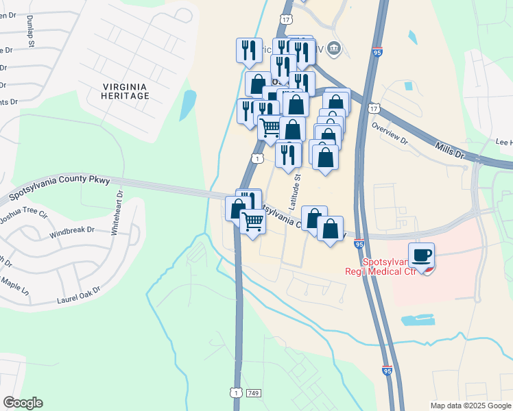 map of restaurants, bars, coffee shops, grocery stores, and more near 9701 Jefferson Davis Highway in Fredericksburg