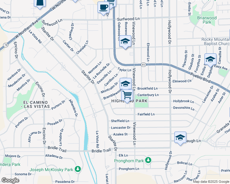 map of restaurants, bars, coffee shops, grocery stores, and more near 120-122 Montcalm Drive in Pueblo