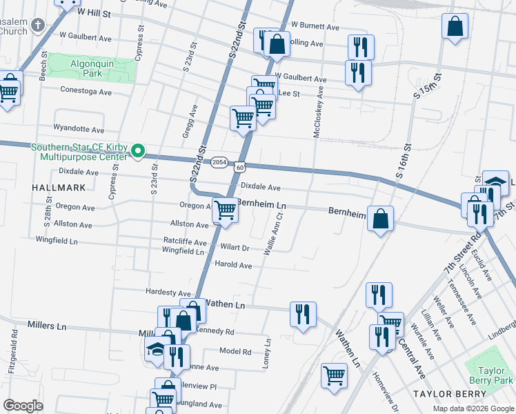 map of restaurants, bars, coffee shops, grocery stores, and more near 1783 Bernheim Lane in Louisville