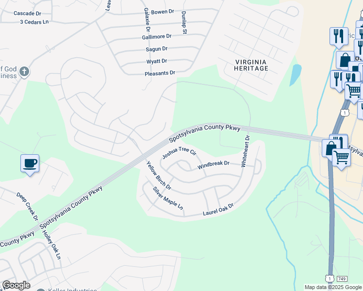 map of restaurants, bars, coffee shops, grocery stores, and more near 5520 Joshua Tree Circle in Fredericksburg