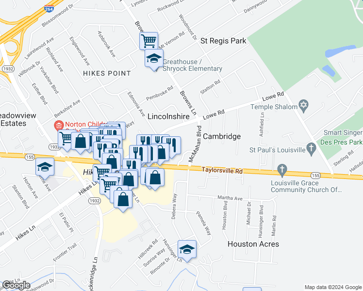 map of restaurants, bars, coffee shops, grocery stores, and more near 4218 Browns Lane in Louisville