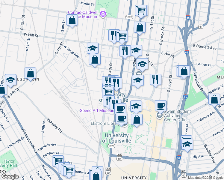 map of restaurants, bars, coffee shops, grocery stores, and more near 325 West Cardinal Boulevard in Louisville