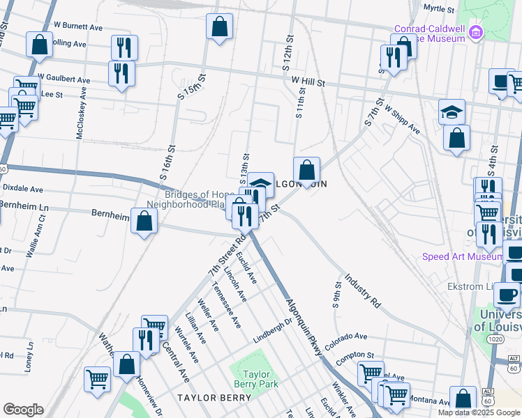 map of restaurants, bars, coffee shops, grocery stores, and more near 1900 South 7th Street in Louisville