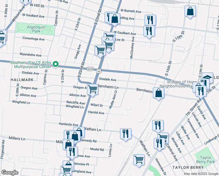 map of restaurants, bars, coffee shops, grocery stores, and more near 1783 Bernheim Lane in Louisville