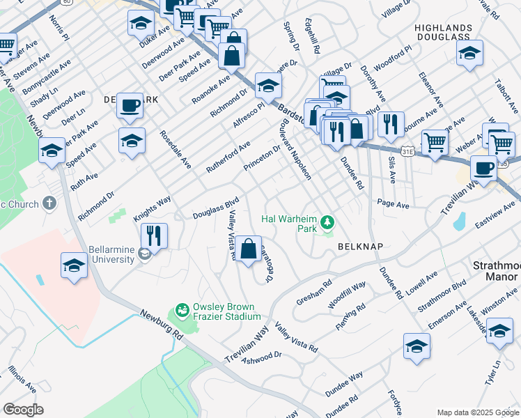 map of restaurants, bars, coffee shops, grocery stores, and more near 1757 Harvard Drive in Louisville