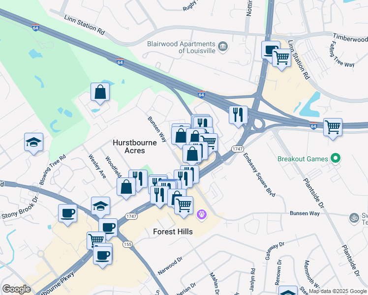 map of restaurants, bars, coffee shops, grocery stores, and more near 1701 Somerset Place in Louisville