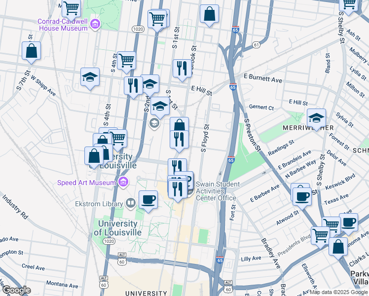 map of restaurants, bars, coffee shops, grocery stores, and more near 1805 South Brook Street in Louisville