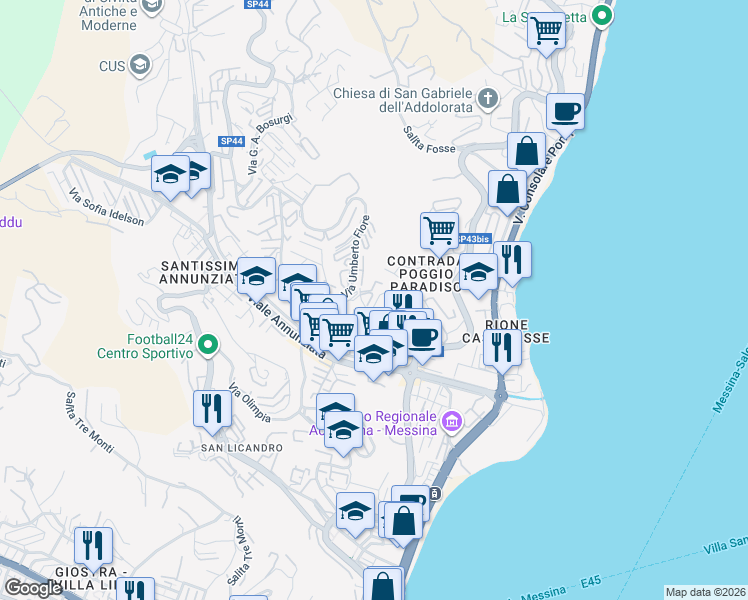 map of restaurants, bars, coffee shops, grocery stores, and more near 23a Viale dei Tigli in Messina