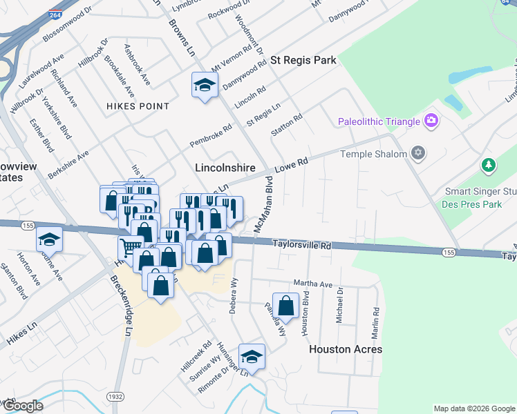 map of restaurants, bars, coffee shops, grocery stores, and more near 4218 Browns Lane in Louisville