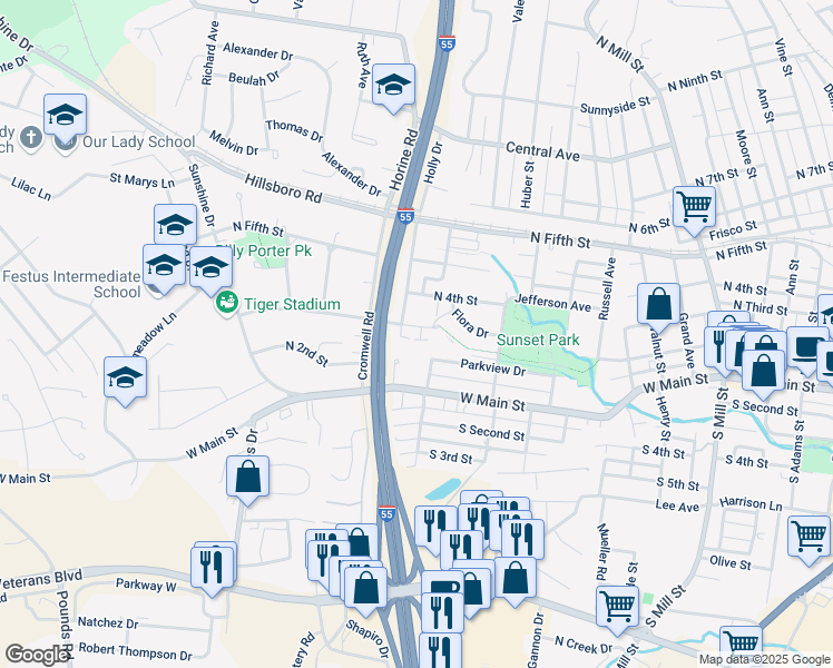map of restaurants, bars, coffee shops, grocery stores, and more near 1015 North Third Street in Festus